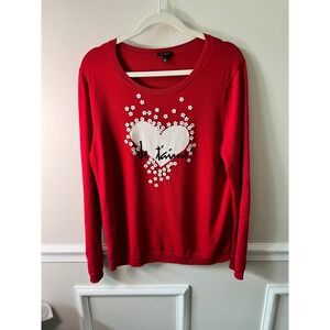 Talbots Red Je t'aime Heart Floral Sweater Womens Large Long Sleeve Cotton Blend